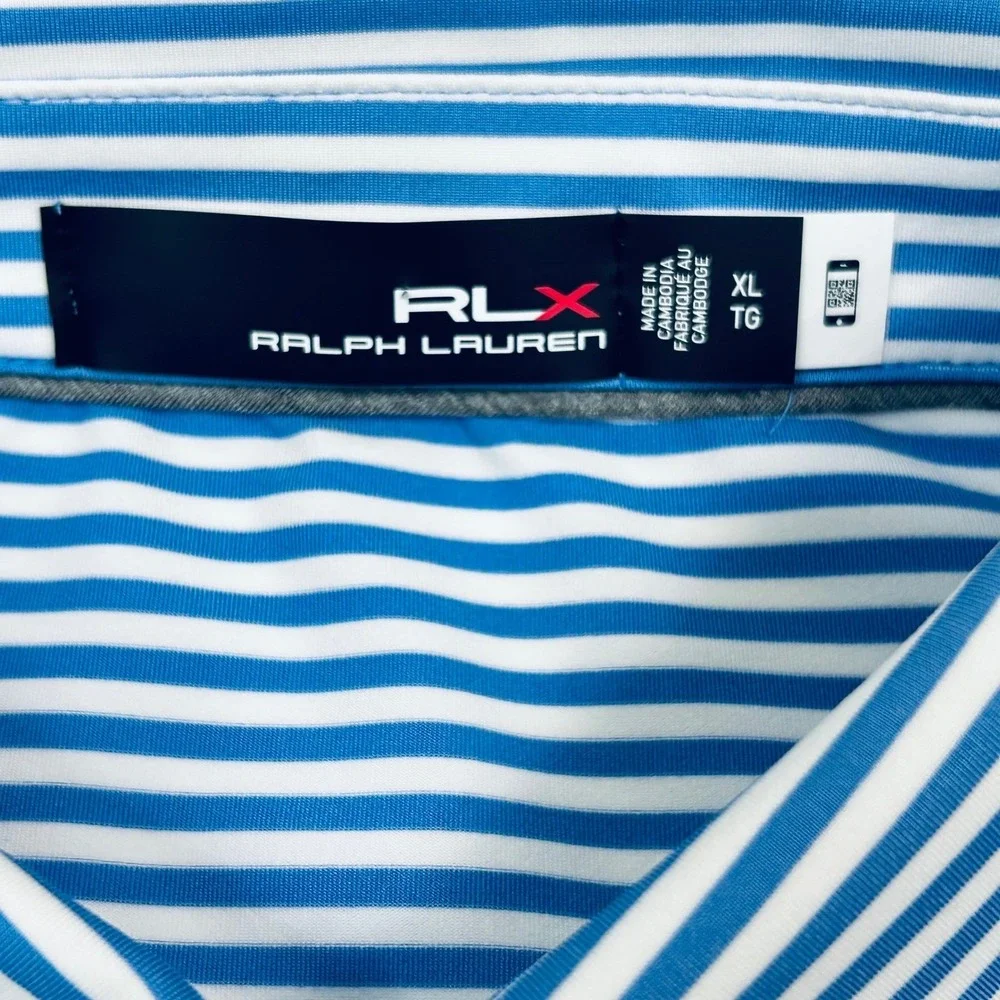 RLX Ralph Lauren Mens Polo Shirt Mens XL Blue White‎ Striped Performance Golf